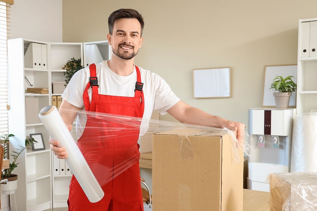 Ein Umzugshelfer verpackt einen Karton