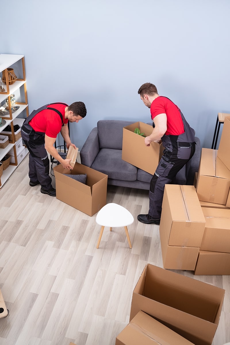 Zwei Umzugshelfer verpacken Umzugsgut in Kartons
