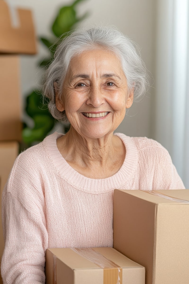 Seniorin trägt Umzugskartons