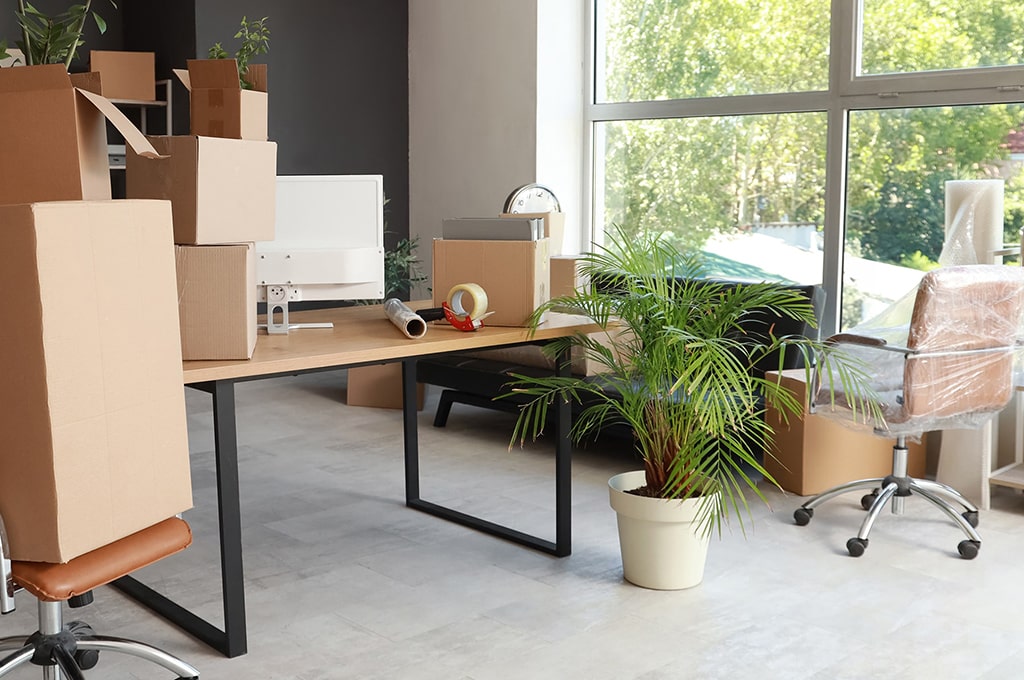 Umzugskartons und eingepackte Möbel in einem Büro