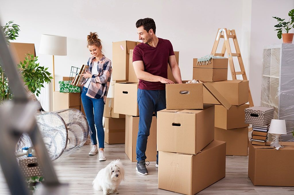 zwei Menschen packen Kartons mit ihren Sachen